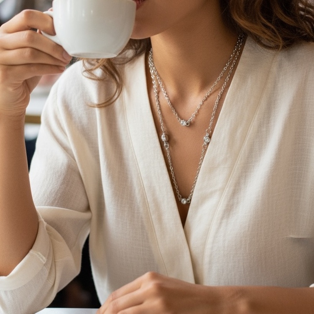 Double Layer Cubic Zirconia Station Necklace Silver Tone Long Dainty Layering